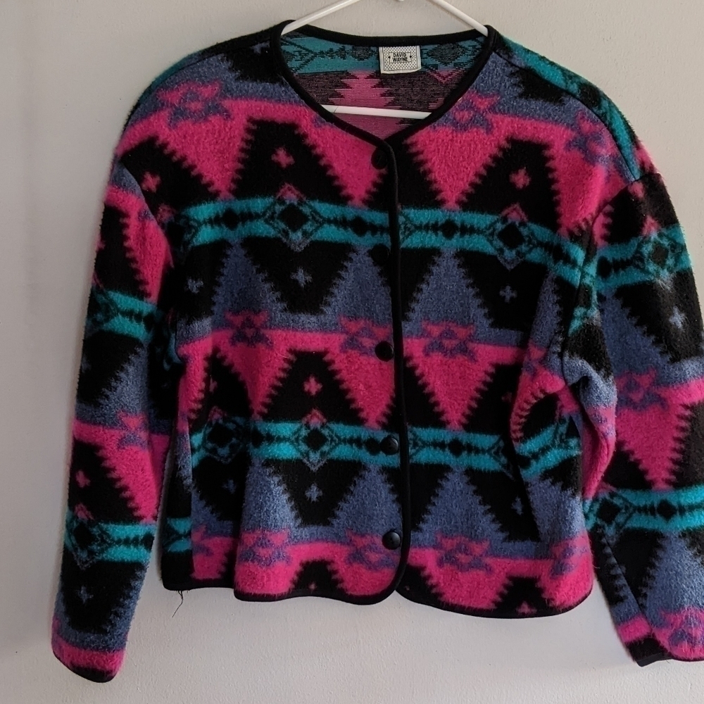 Vintage 90s Fleece Cardigan Button Front Southwestern Design Medium 💕😎